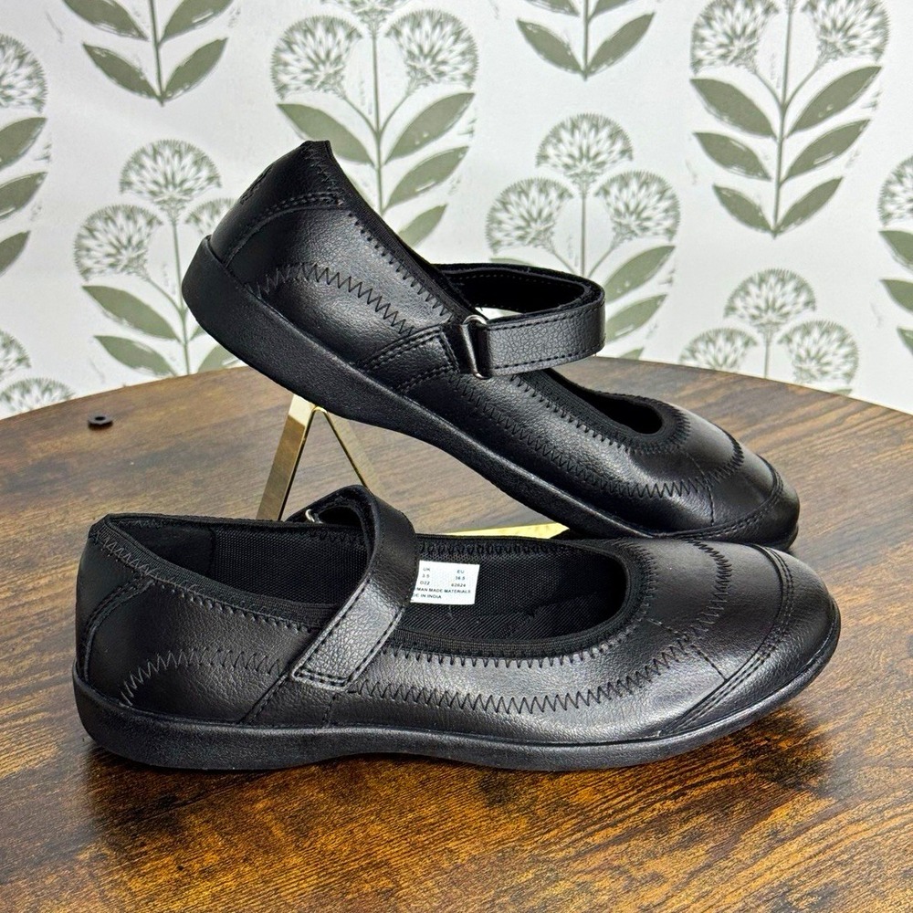 Hush Puppies Girls Black Leather Mary Jane Memory Foam Flats 4 Hook Loop Buckle